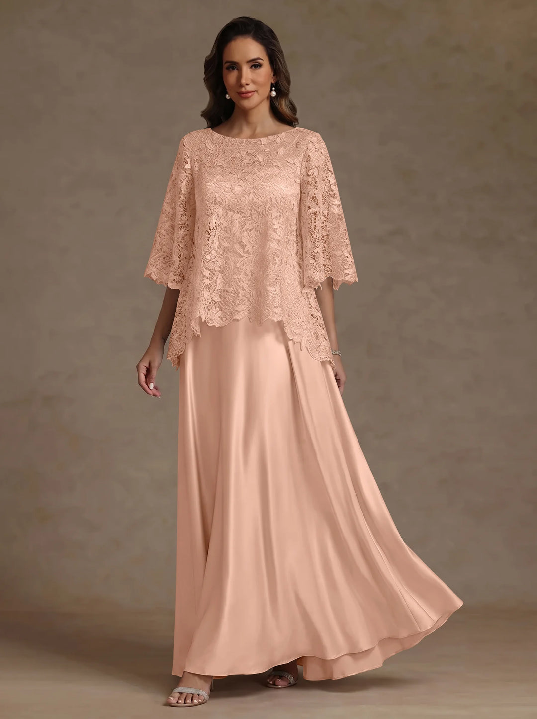 2 Pieces A-Line/Princess Silk Satin Scoop Mother ofthe Bride Dresses  Lace Floor Length Short Sleeves