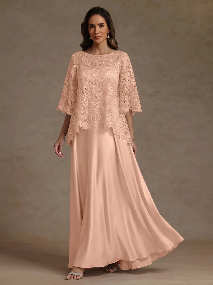2 Pieces A-Line/Princess Silk Satin Scoop Mother ofthe Bride Dresses  Lace Floor Length Short Sleeves