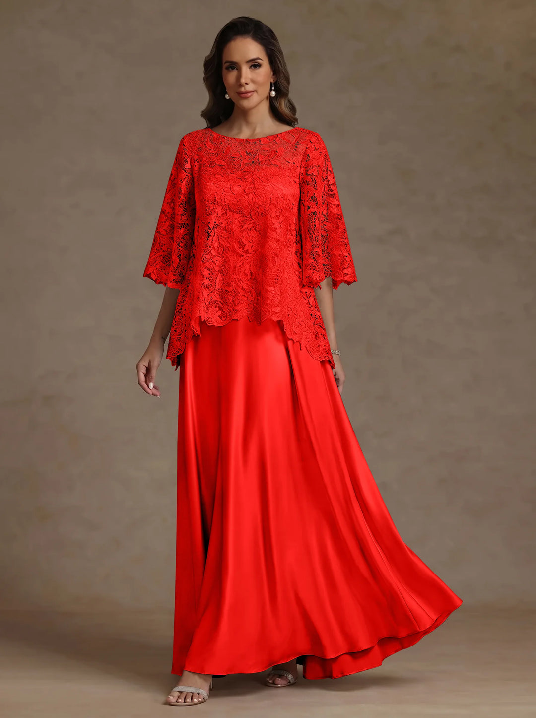 2 Pieces A-Line/Princess Silk Satin Scoop Mother ofthe Bride Dresses  Lace Floor Length Short Sleeves