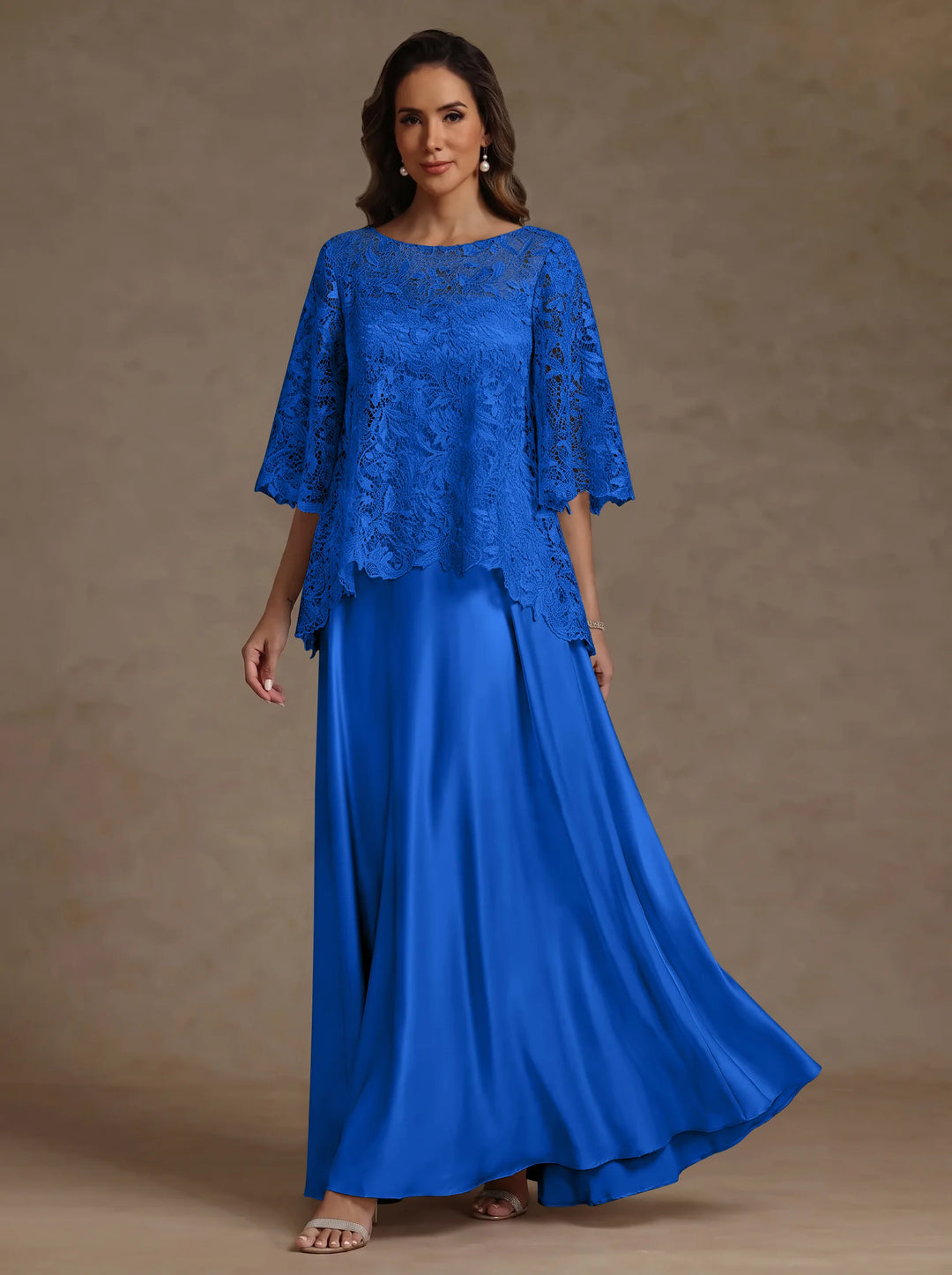 2 Pieces A-Line/Princess Silk Satin Scoop Mother ofthe Bride Dresses  Lace Floor Length Short Sleeves