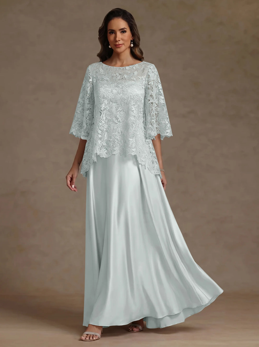 2 Pieces A-Line/Princess Silk Satin Scoop Mother ofthe Bride Dresses  Lace Floor Length Short Sleeves