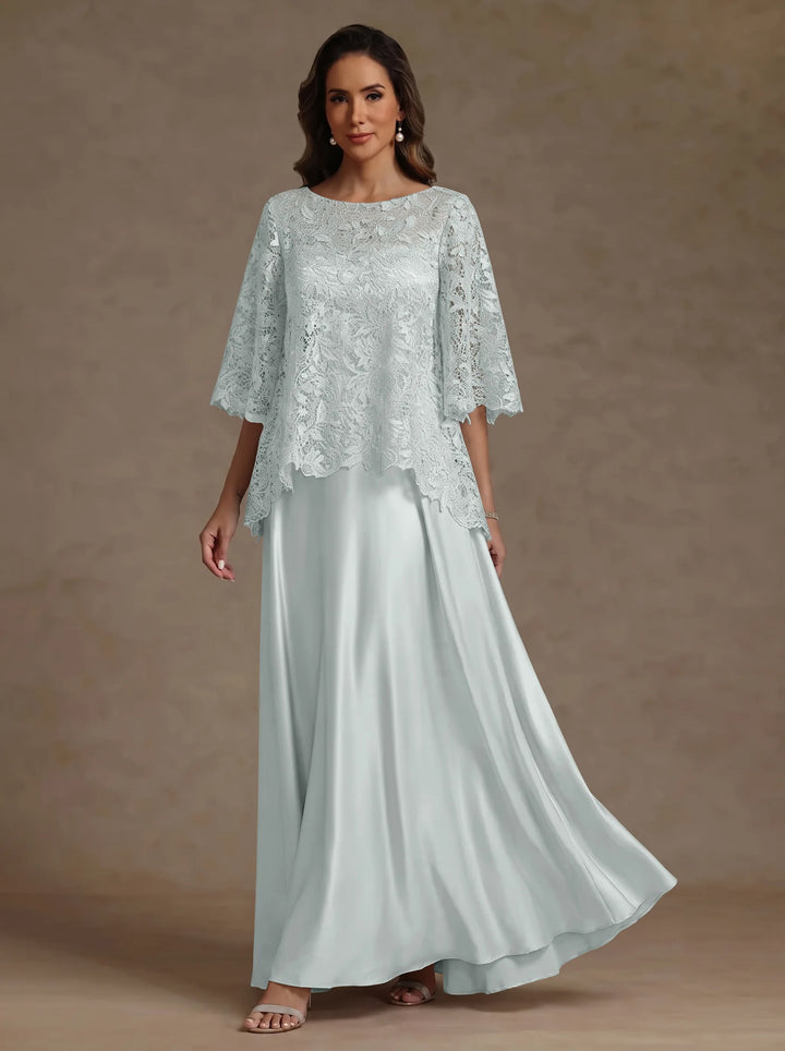 2 Pieces A-Line/Princess Silk Satin Scoop Mother ofthe Bride Dresses  Lace Floor Length Short Sleeves