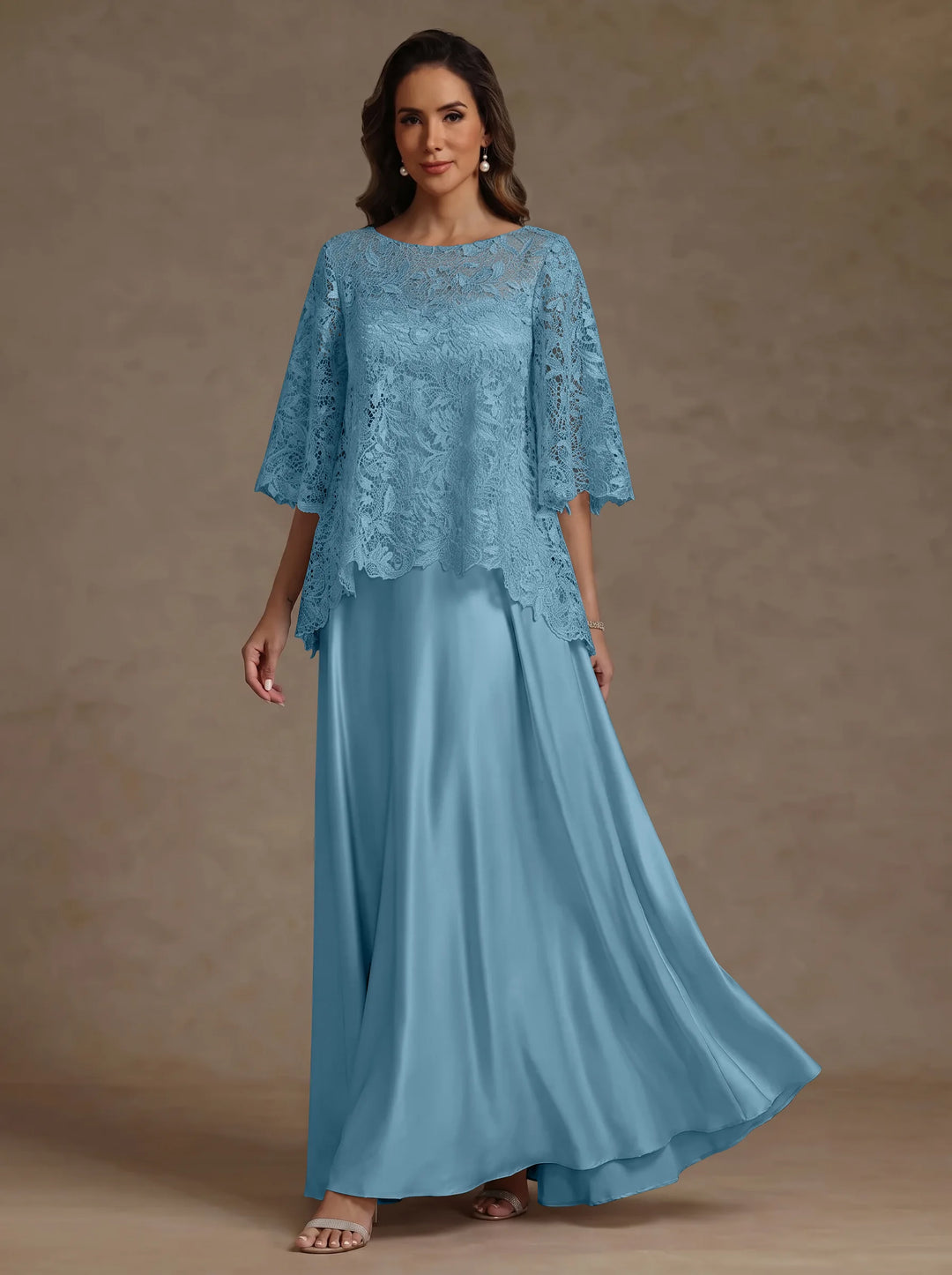 2 Pieces A-Line/Princess Silk Satin Scoop Mother ofthe Bride Dresses  Lace Floor Length Short Sleeves