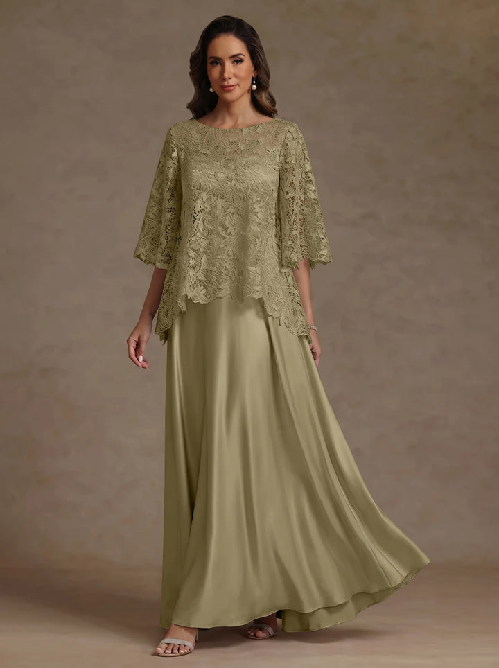 2 Pieces A-Line/Princess Silk Satin Scoop Mother ofthe Bride Dresses  Lace Floor Length Short Sleeves