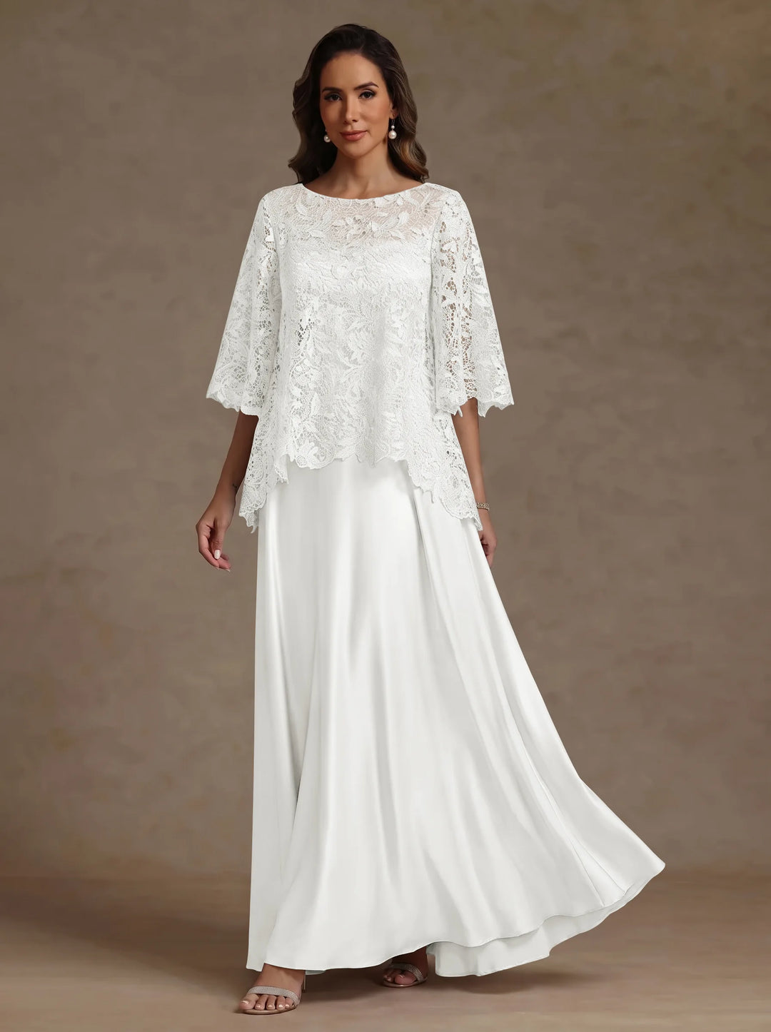 2 Pieces A-Line/Princess Silk Satin Scoop Mother ofthe Bride Dresses  Lace Floor Length Short Sleeves