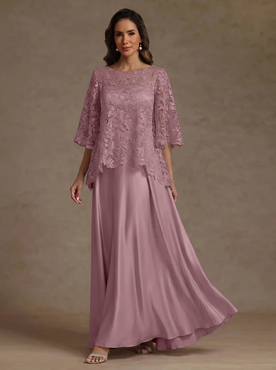 2 Pieces A-Line/Princess Silk Satin Scoop Mother ofthe Bride Dresses  Lace Floor Length Short Sleeves