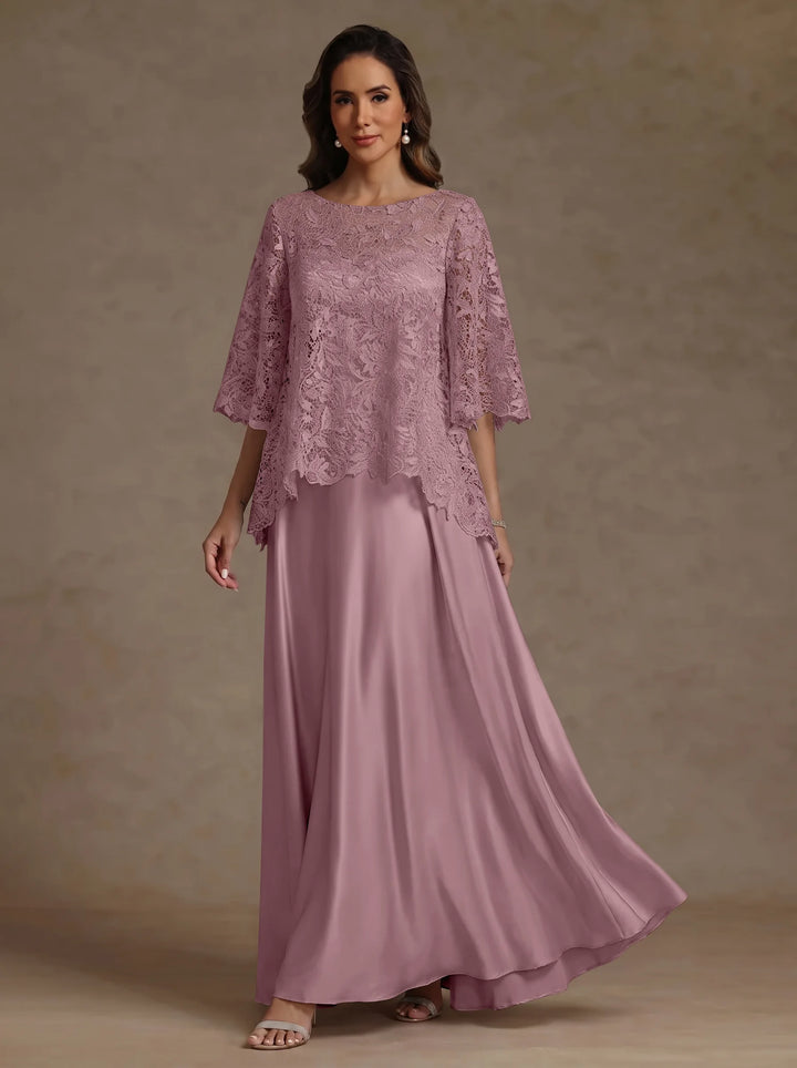 2 Pieces A-Line/Princess Silk Satin Scoop Mother ofthe Bride Dresses  Lace Floor Length Short Sleeves
