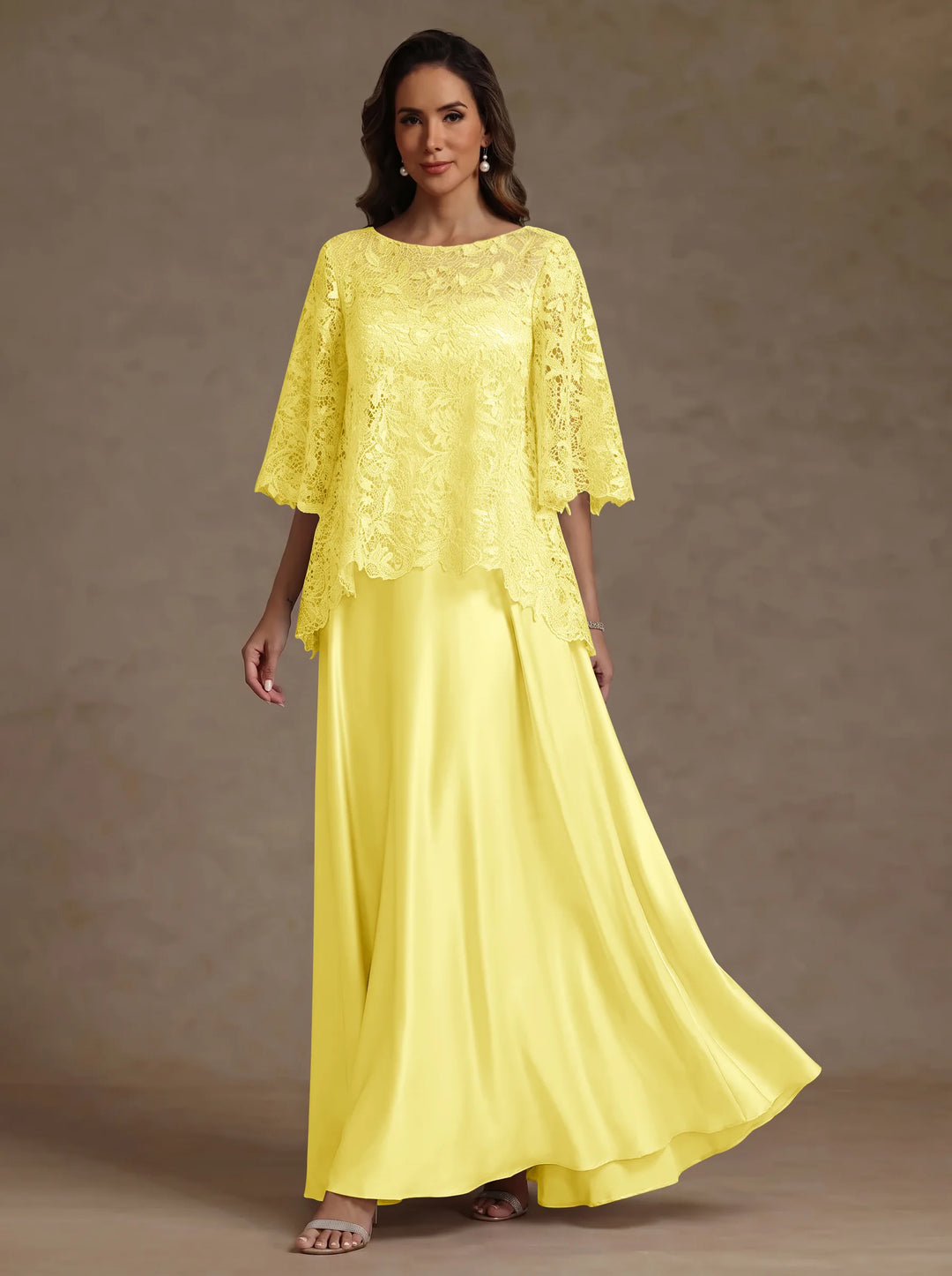 2 Pieces A-Line/Princess Silk Satin Scoop Mother ofthe Bride Dresses  Lace Floor Length Short Sleeves