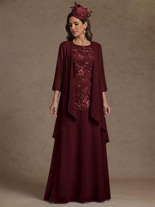 2 Pieces A-Line/Princess Scoop Chiffon Mother of the Bride Dresses with Jacket Floor-Length 3/4 Sleeves Lace