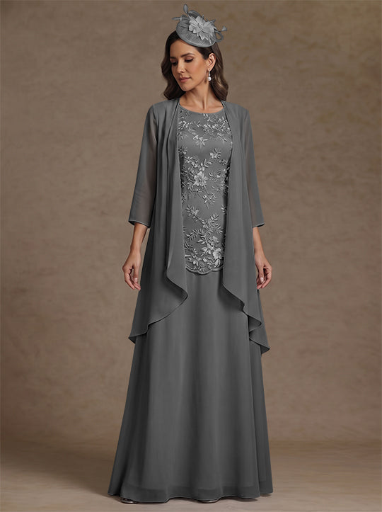 2 Pieces A-Line/Princess Scoop Chiffon Mother of the Bride Dresses with Jacket Floor-Length 3/4 Sleeves Lace