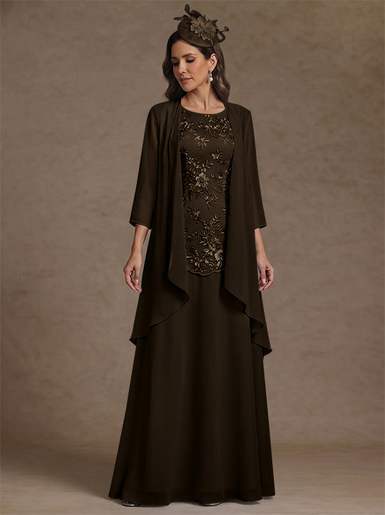 2 Pieces A-Line/Princess Scoop Chiffon Mother of the Bride Dresses with Jacket Floor-Length 3/4 Sleeves Lace