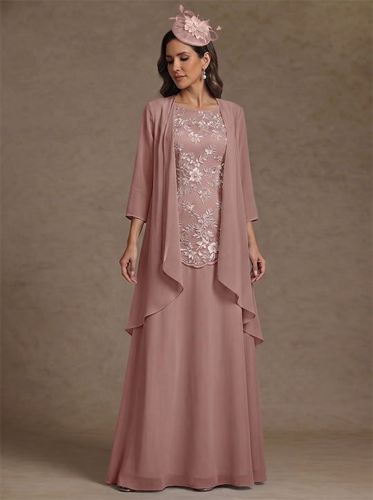 2 Pieces A-Line/Princess Scoop Chiffon Mother of the Bride Dresses with Jacket Floor-Length 3/4 Sleeves Lace