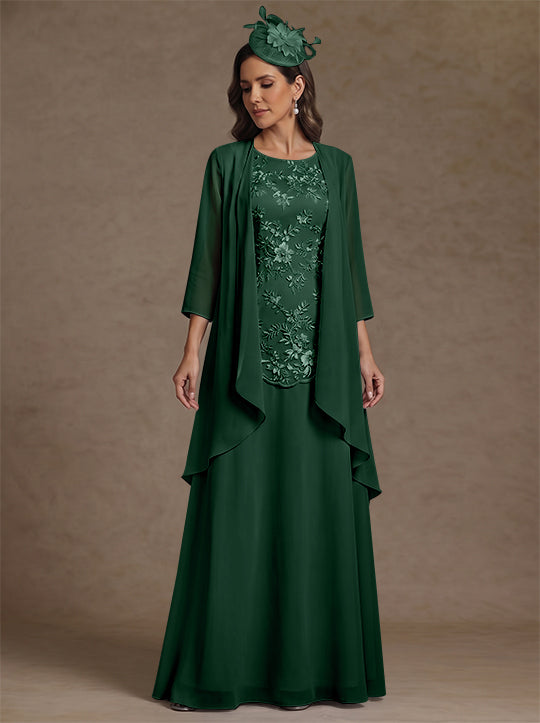 2 Pieces A-Line/Princess Scoop Chiffon Mother of the Bride Dresses with Jacket Floor-Length 3/4 Sleeves Lace