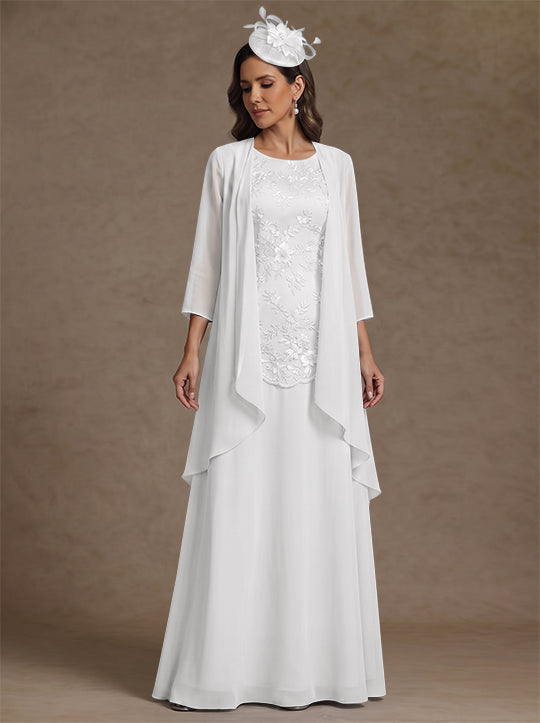 2 Pieces A-Line/Princess Scoop Chiffon Mother of the Bride Dresses with Jacket Floor-Length 3/4 Sleeves Lace