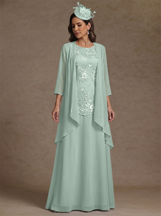 2 Pieces A-Line/Princess Scoop Chiffon Mother of the Bride Dresses with Jacket Floor-Length 3/4 Sleeves Lace