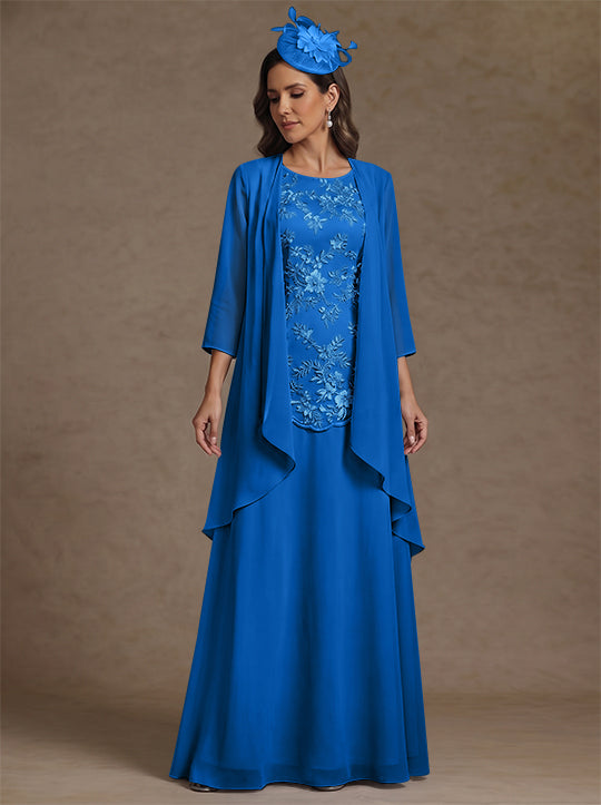 2 Pieces A-Line/Princess Scoop Chiffon Mother of the Bride Dresses with Jacket Floor-Length 3/4 Sleeves Lace