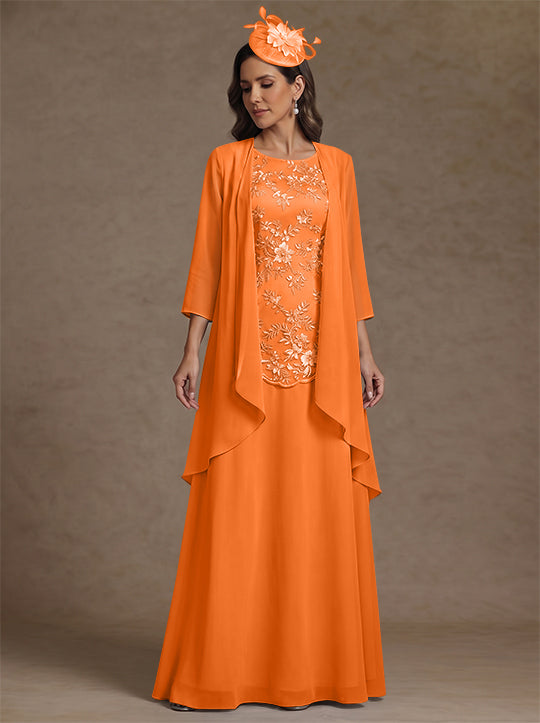 2 Pieces A-Line/Princess Scoop Chiffon Mother of the Bride Dresses with Jacket Floor-Length 3/4 Sleeves Lace