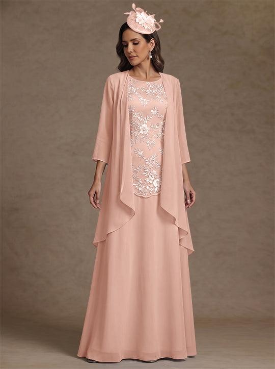 2 Pieces A-Line/Princess Scoop Chiffon Mother of the Bride Dresses with Jacket Floor-Length 3/4 Sleeves Lace