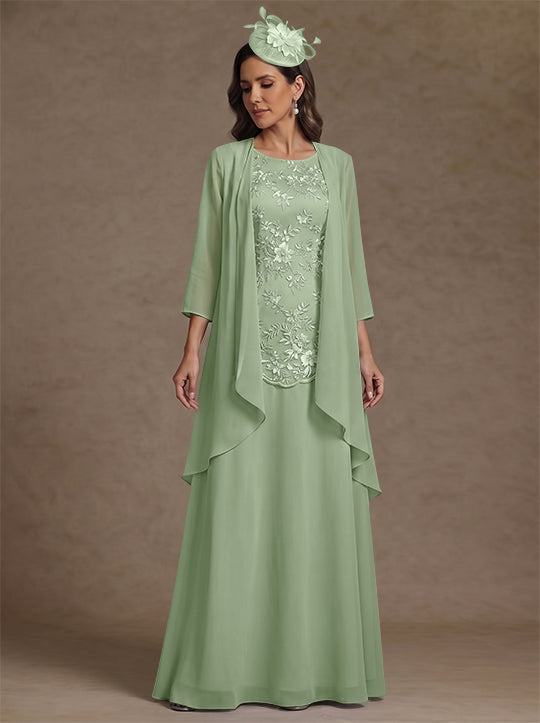 2 Pieces A-Line/Princess Scoop Chiffon Mother of the Bride Dresses with Jacket Floor-Length 3/4 Sleeves Lace