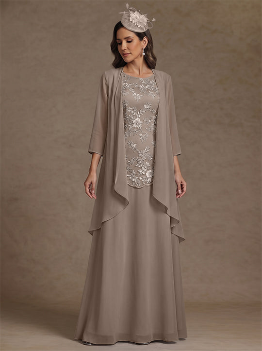 2 Pieces A-Line/Princess Scoop Chiffon Mother of the Bride Dresses with Jacket Floor-Length 3/4 Sleeves Lace