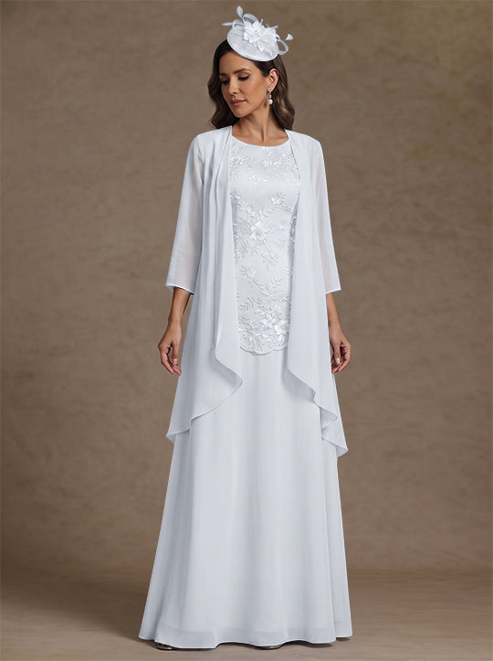 2 Pieces A-Line/Princess Scoop Chiffon Mother of the Bride Dresses with Jacket Floor-Length 3/4 Sleeves Lace