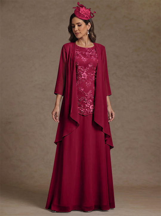 2 Pieces A-Line/Princess Scoop Chiffon Mother of the Bride Dresses with Jacket Floor-Length 3/4 Sleeves Lace