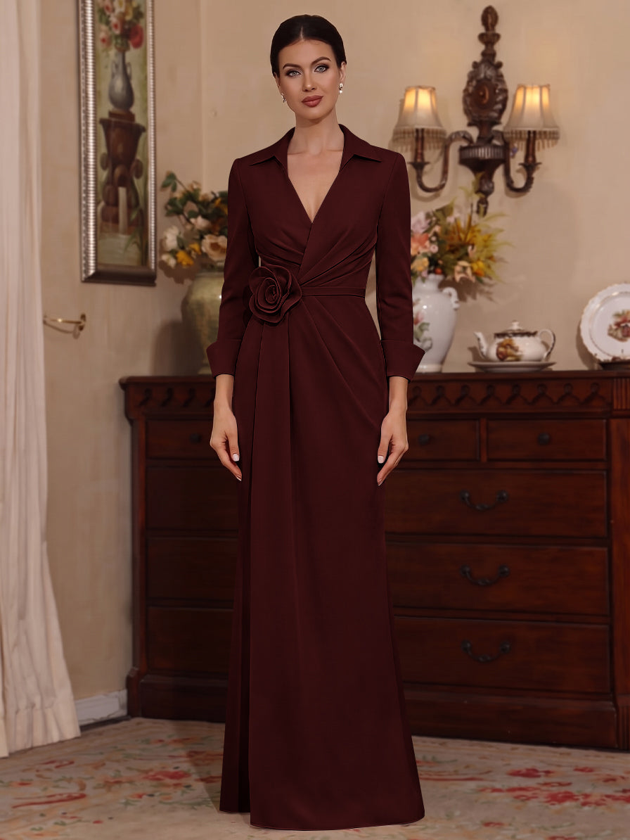 Sheath/Column V-Neck Stretch Satin Mother of the Bride Dresses with 3D Flower Floor-Length 3/4 Sleeves