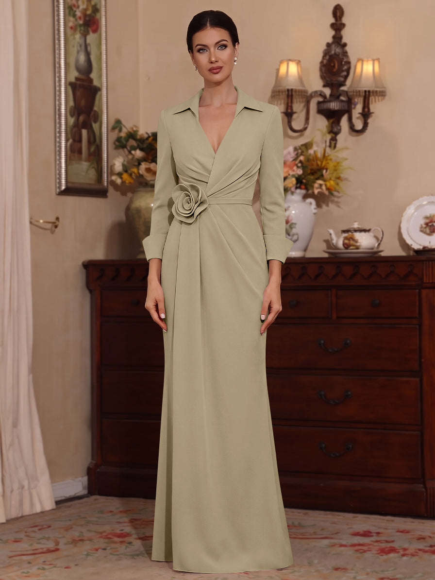 Sheath/Column V-Neck Stretch Satin Mother of the Bride Dresses with 3D Flower Floor-Length 3/4 Sleeves