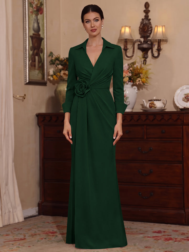 Sheath/Column V-Neck Stretch Satin Mother of the Bride Dresses with 3D Flower Floor-Length 3/4 Sleeves