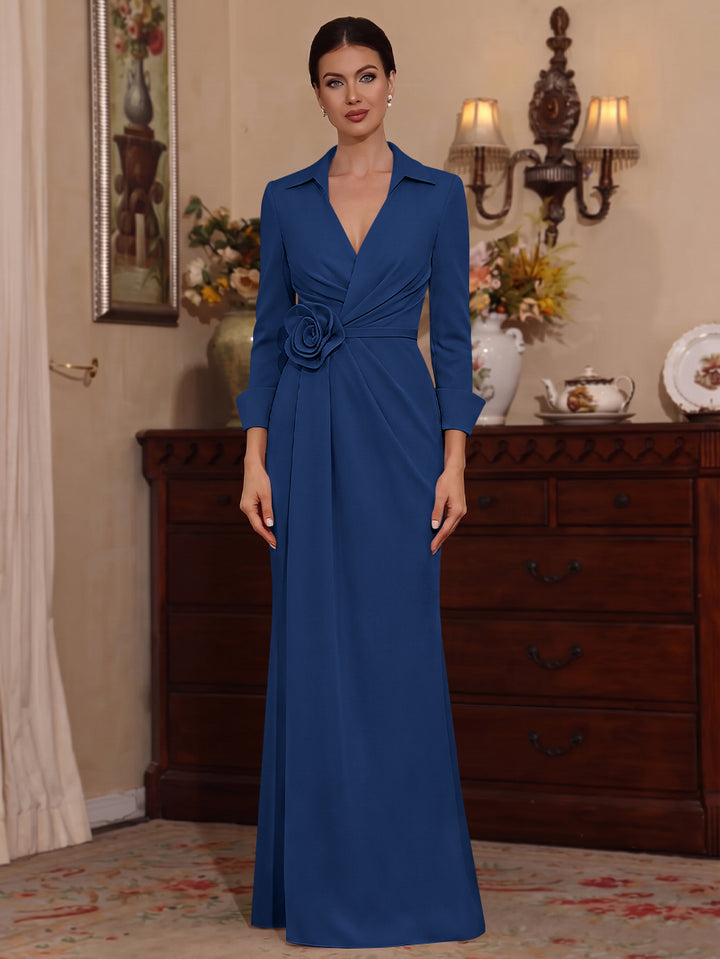 Sheath/Column V-Neck Stretch Satin Mother of the Bride Dresses with 3D Flower Floor-Length 3/4 Sleeves