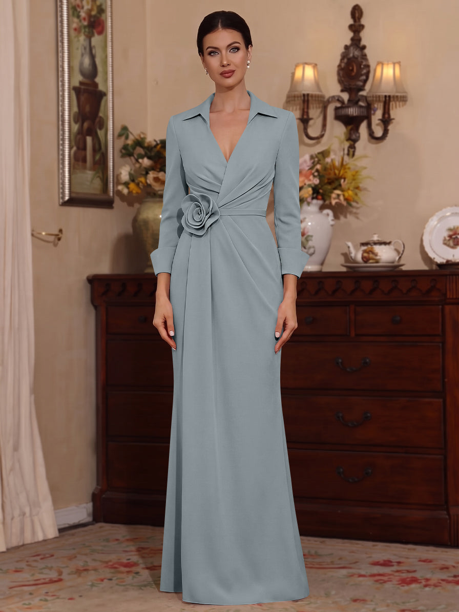 Sheath/Column V-Neck Stretch Satin Mother of the Bride Dresses with 3D Flower Floor-Length 3/4 Sleeves
