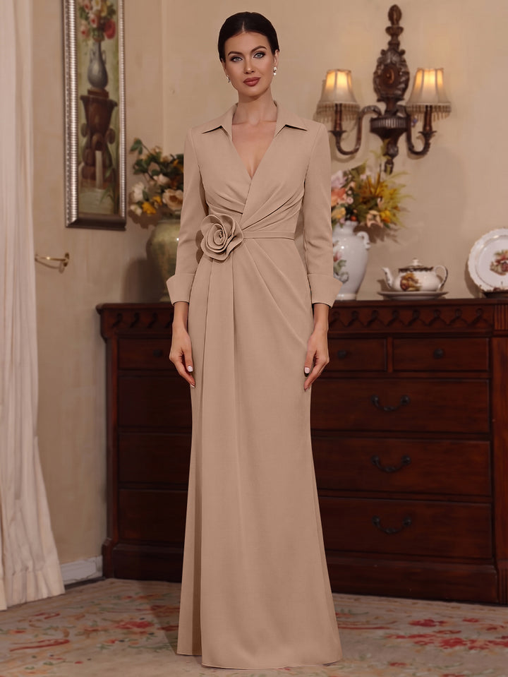 Sheath/Column V-Neck Stretch Satin Mother of the Bride Dresses with 3D Flower Floor-Length 3/4 Sleeves