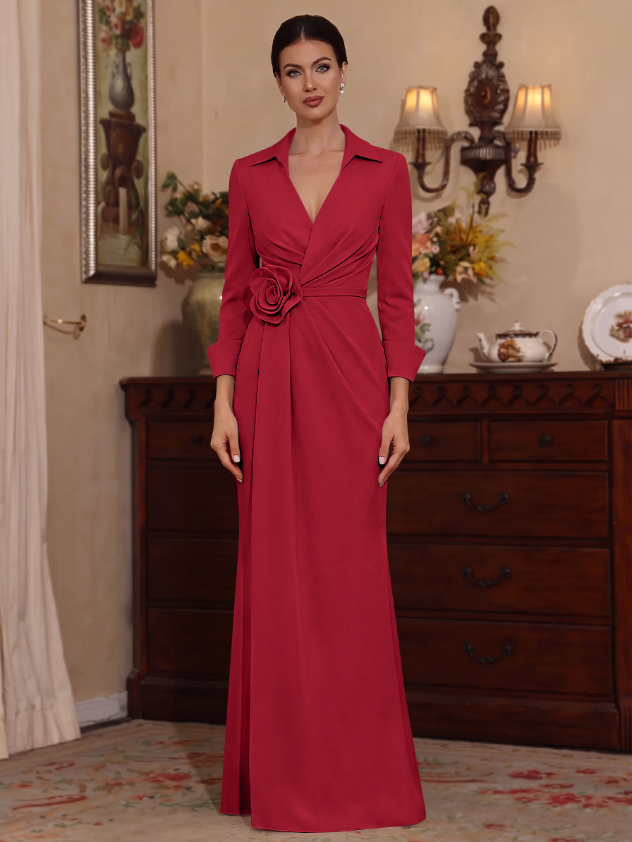 Sheath/Column V-Neck Stretch Satin Mother of the Bride Dresses with 3D Flower Floor-Length 3/4 Sleeves