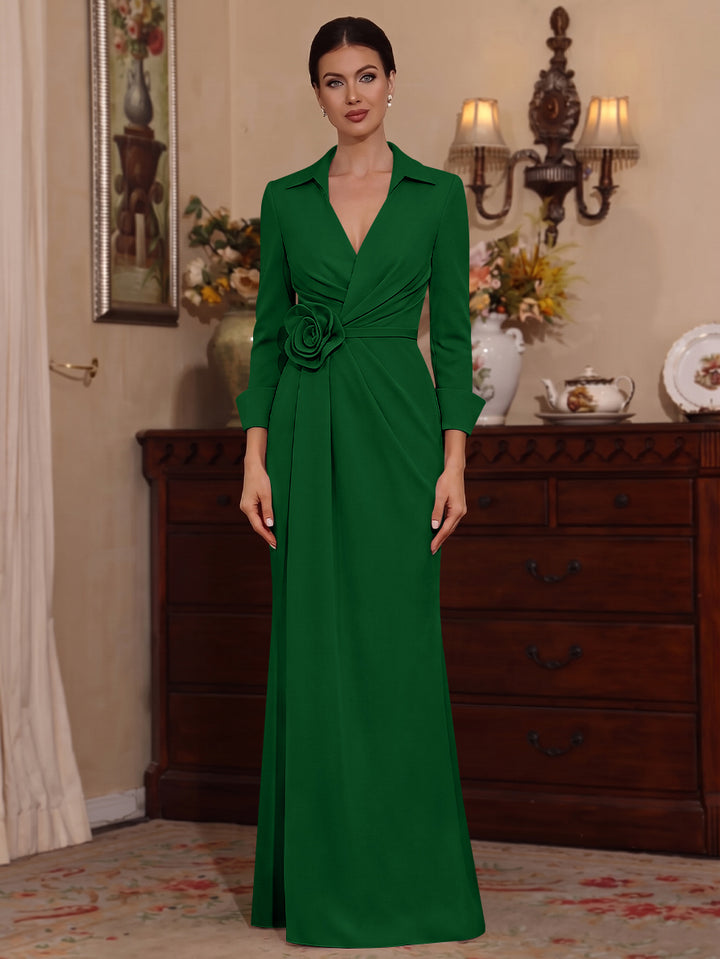 Sheath/Column V-Neck Stretch Satin Mother of the Bride Dresses with 3D Flower Floor-Length 3/4 Sleeves
