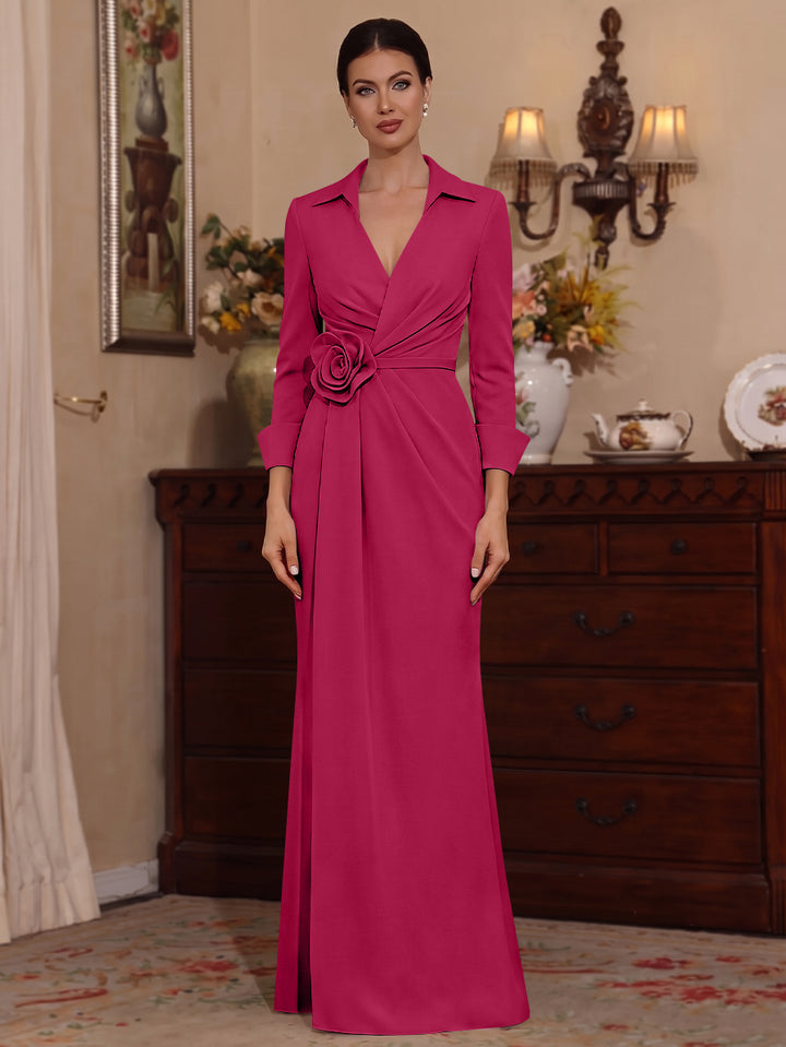 Sheath/Column V-Neck Stretch Satin Mother of the Bride Dresses with 3D Flower Floor-Length 3/4 Sleeves