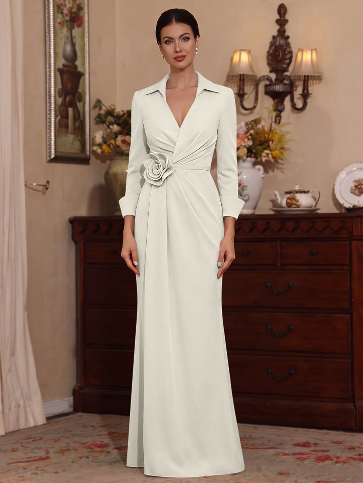 Sheath/Column V-Neck Stretch Satin Mother of the Bride Dresses with 3D Flower Floor-Length 3/4 Sleeves