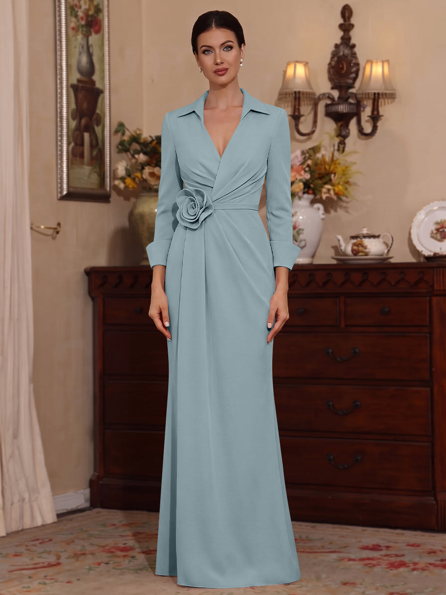 Sheath/Column V-Neck Stretch Satin Mother of the Bride Dresses with 3D Flower Floor-Length 3/4 Sleeves