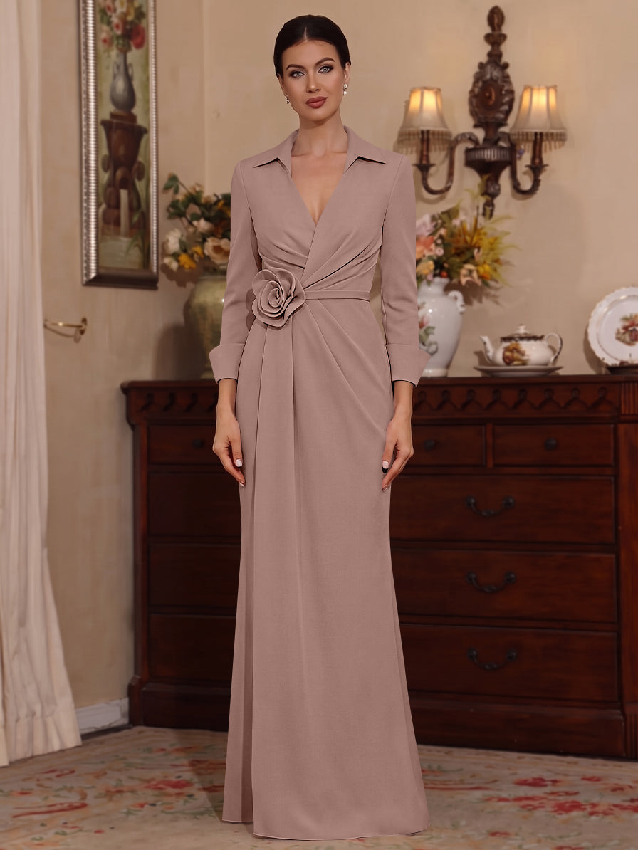 Sheath/Column V-Neck Stretch Satin Mother of the Bride Dresses with 3D Flower Floor-Length 3/4 Sleeves