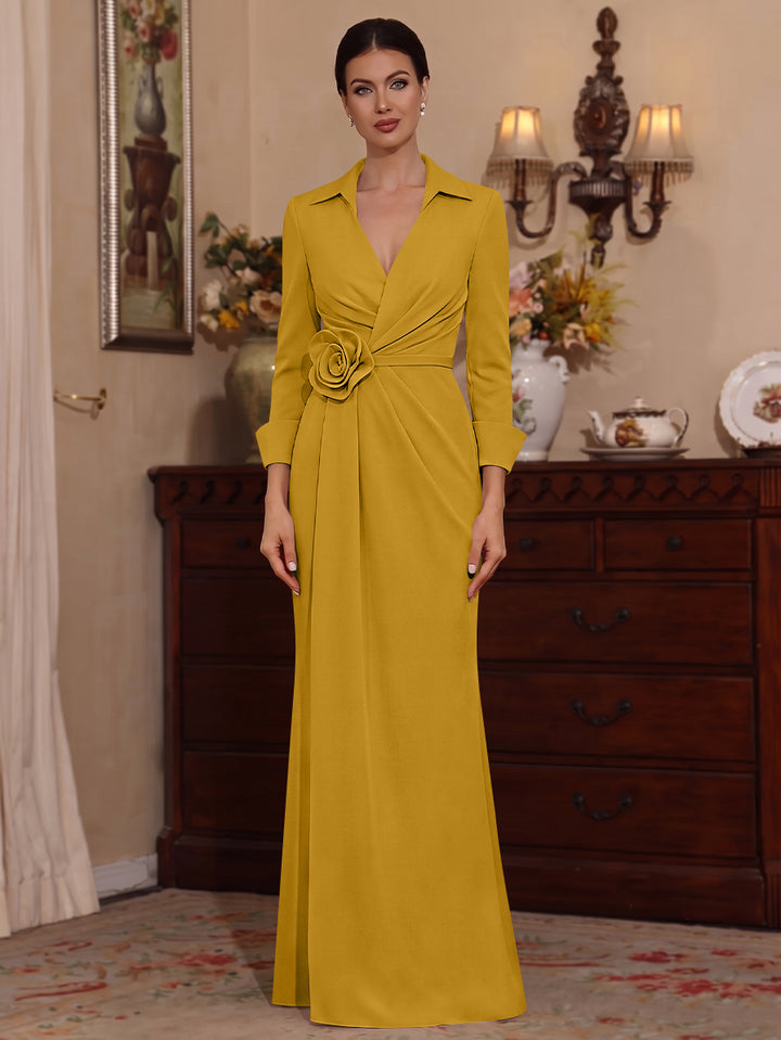 Sheath/Column V-Neck Stretch Satin Mother of the Bride Dresses with 3D Flower Floor-Length 3/4 Sleeves