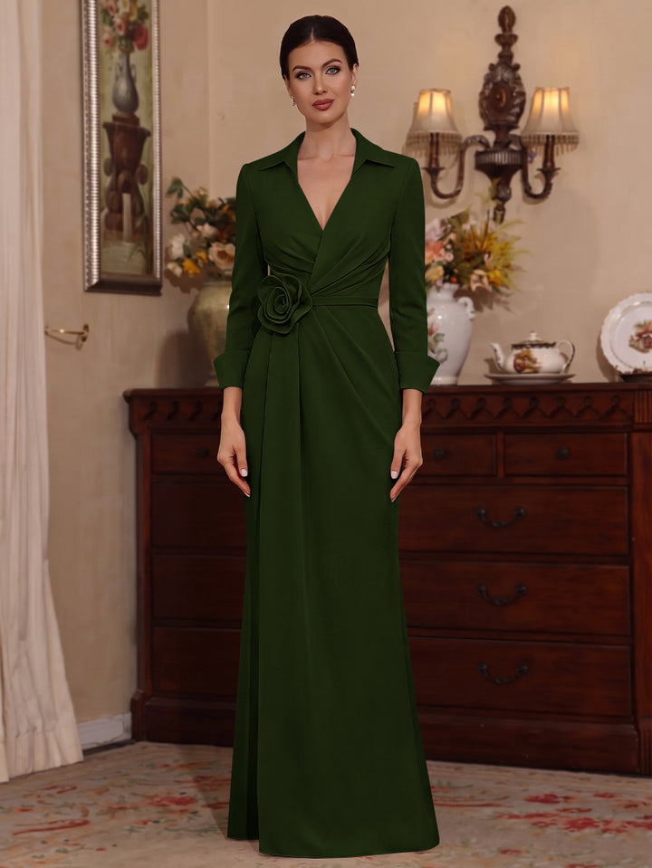 Sheath/Column V-Neck Stretch Satin Mother of the Bride Dresses with 3D Flower Floor-Length 3/4 Sleeves