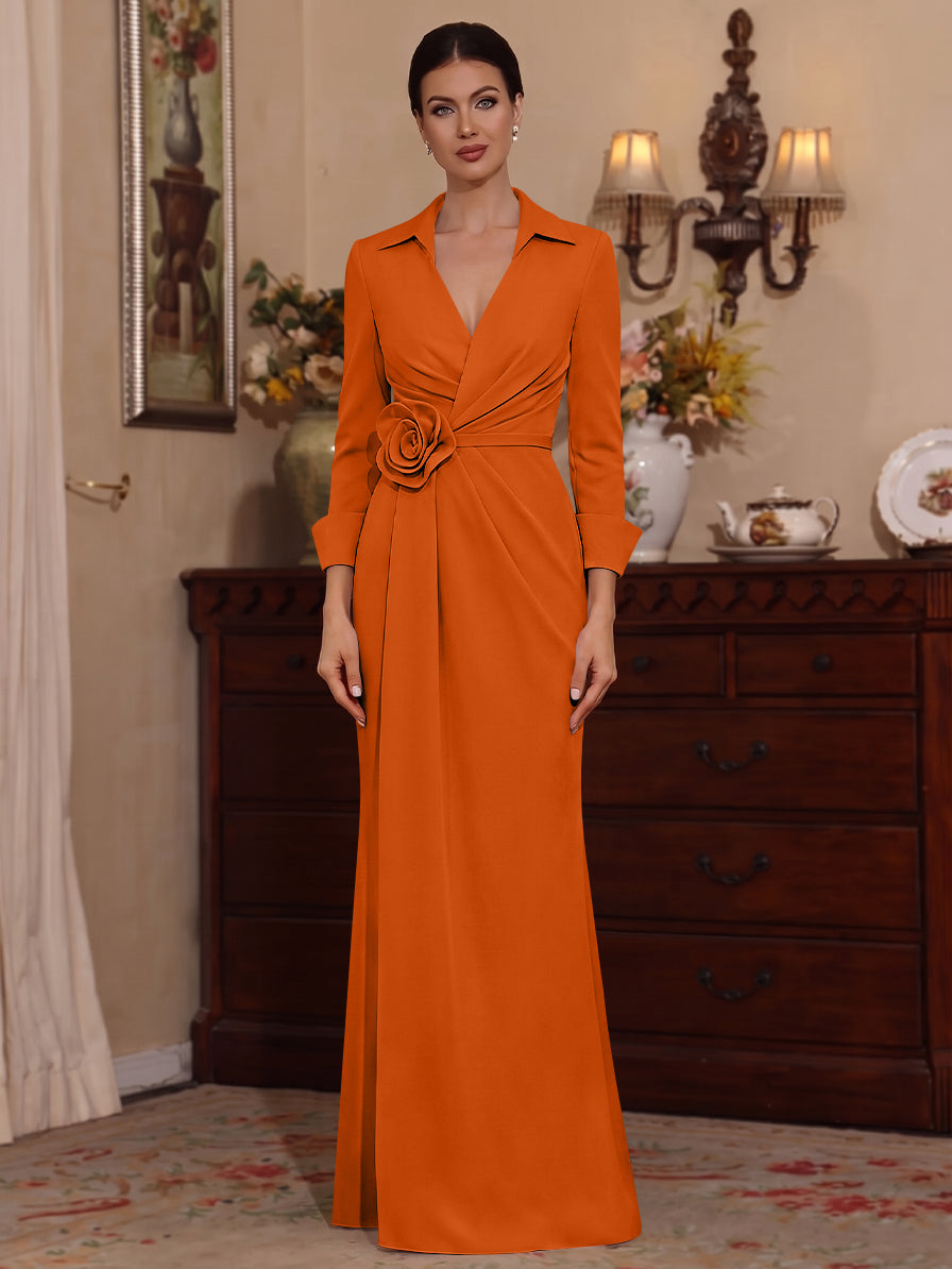 Sheath/Column V-Neck Stretch Satin Mother of the Bride Dresses with 3D Flower Floor-Length 3/4 Sleeves