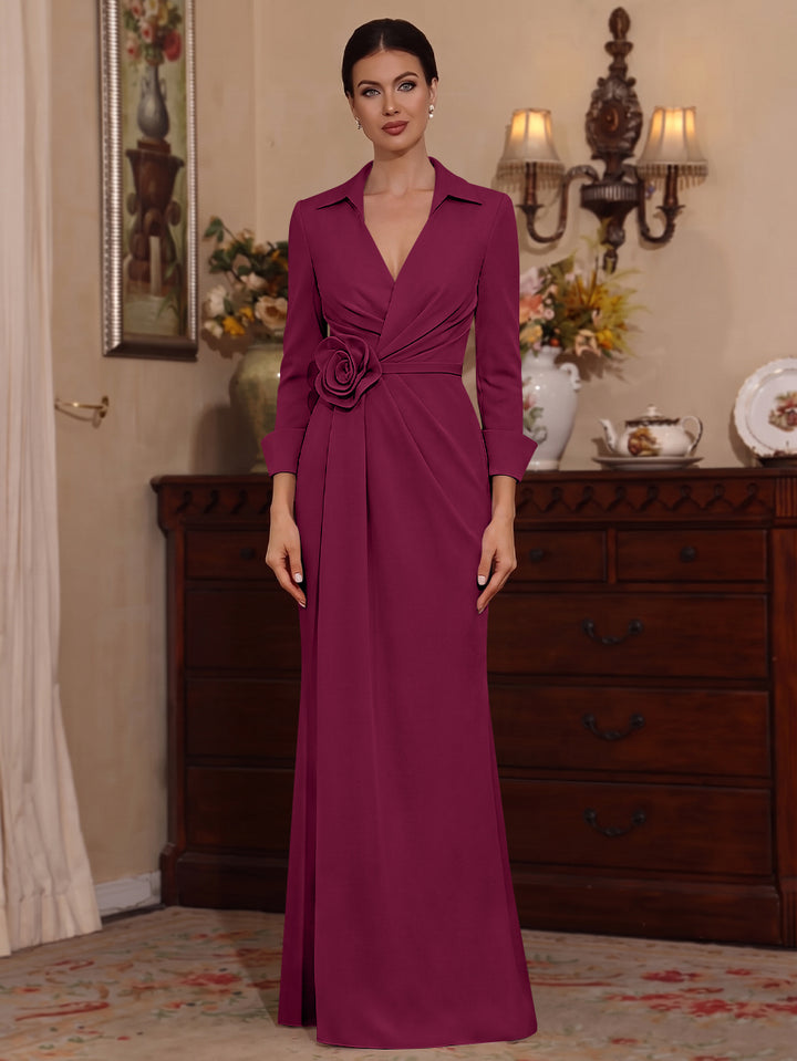 Sheath/Column V-Neck Stretch Satin Mother of the Bride Dresses with 3D Flower Floor-Length 3/4 Sleeves