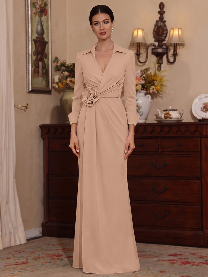 Sheath/Column V-Neck Stretch Satin Mother of the Bride Dresses with 3D Flower Floor-Length 3/4 Sleeves