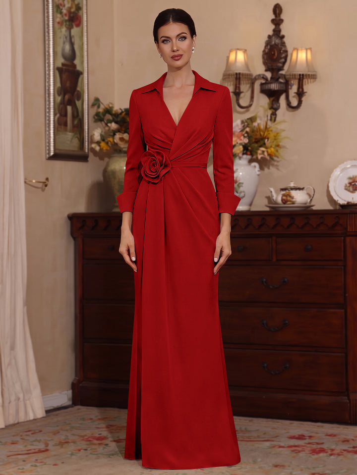 Sheath/Column V-Neck Stretch Satin Mother of the Bride Dresses with 3D Flower Floor-Length 3/4 Sleeves