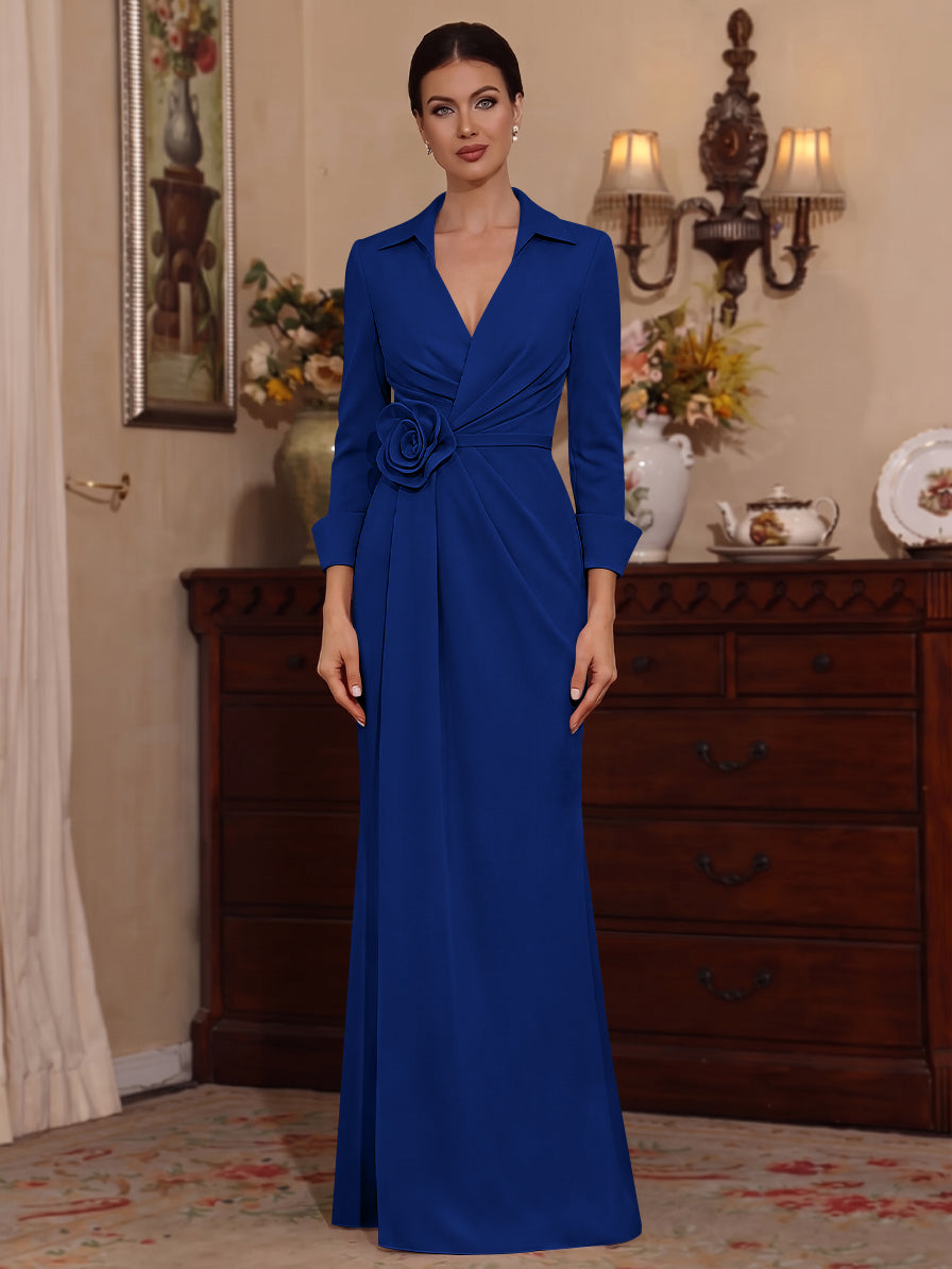 Sheath/Column V-Neck Stretch Satin Mother of the Bride Dresses with 3D Flower Floor-Length 3/4 Sleeves
