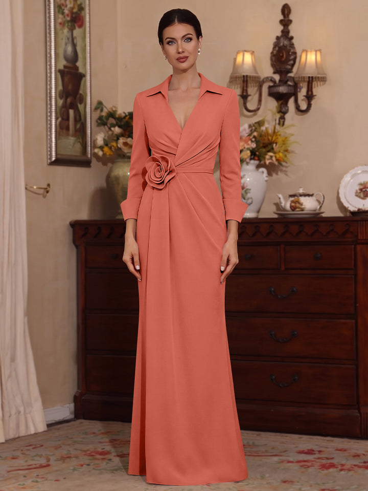 Sheath/Column V-Neck Stretch Satin Mother of the Bride Dresses with 3D Flower Floor-Length 3/4 Sleeves