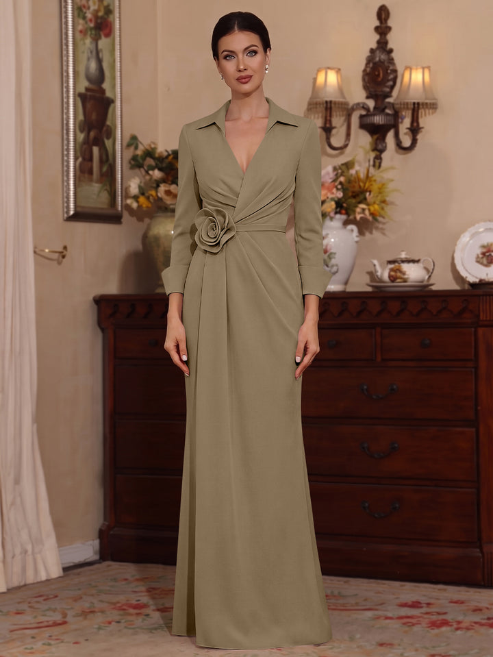 Sheath/Column V-Neck Stretch Satin Mother of the Bride Dresses with 3D Flower Floor-Length 3/4 Sleeves