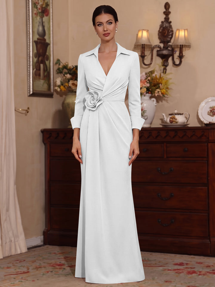 Sheath/Column V-Neck Stretch Satin Mother of the Bride Dresses with 3D Flower Floor-Length 3/4 Sleeves