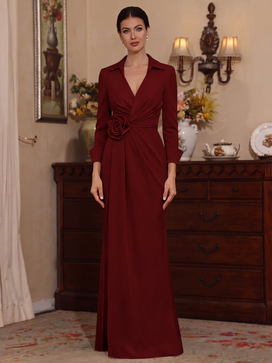 Sheath/Column V-Neck Stretch Satin Mother of the Bride Dresses with 3D Flower Floor-Length 3/4 Sleeves