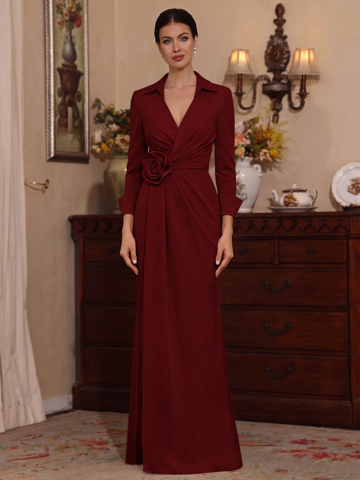 Sheath/Column V-Neck Stretch Satin Mother of the Bride Dresses with 3D Flower Floor-Length 3/4 Sleeves